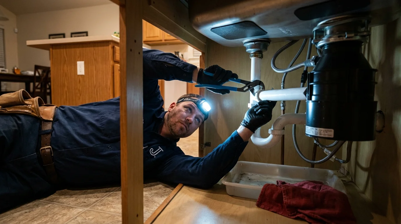 P-trap and supply line connections under a kitchen sink showing a common leak point in Georgetown, CO